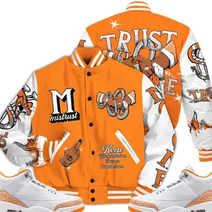 3 White Orange Peel Varsity Jacket, Orange Citrus 3s Outfit Trust No One Graphic Tees Streetwear Sneaker Color Match Shirts