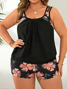 Plus Size Two-piece Graphic Print Tankini Set, Casual Tankini Top & Swim Shorts, Women's Two-piece Swimsuit for Beach, Tropical Print Tankini, Tankini with Shorts