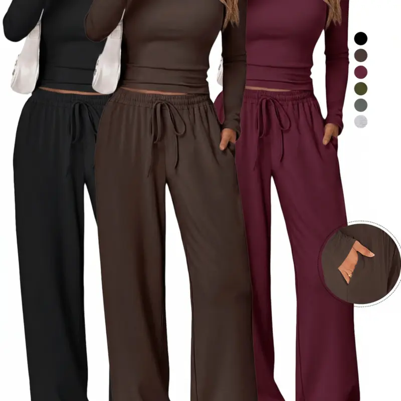 Women's 2 Piece Matching Loungewear Set, Long Sleeve Slightly Crop Top & Wide Leg Adjustable Drawstring Pants with Pockets Fashion Casual Sweatsuit for Comfortable Wear