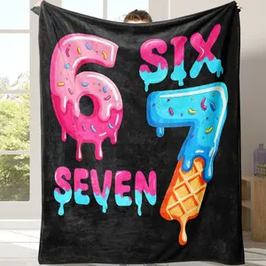 Six Seven Pattern Flannel Blanket, Soft Cozy Throw with Donut Ice Cream Cookie Artwork, Warm Bed Couch Sofa Blanket, Fun Dessert Room Decor Gift for Friends, Family and Daily Nap