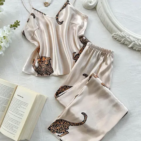 Women's Leopard Print Cami Top & Pants Pyjama Two-piece Set, Comfort Casual  Camisole & Trousers Pj Set, Women's Sleepwear Loungewear for All Seasons Pajamas
