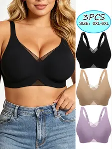 3pcs Plus Size Seamless Basic Comfort Bralettes, Breathable Mesh Patchwork Fashion Fit Casual Women's Bras, Soft Medium Support Anti-Drop Spring Summer Womenswear, Wireless Bralettes