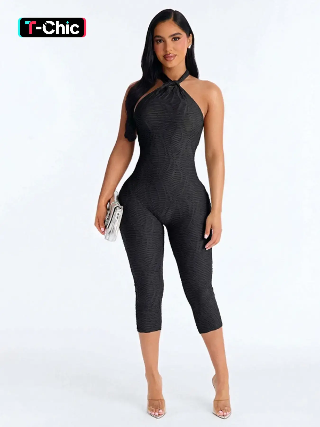 Women's Solid Round Neck Backless Halter Sleeveless Fitted Summer Jumpsuit, Fashion Chic Rhombus Embroidery Design, Perfect for Parties and Gatherings