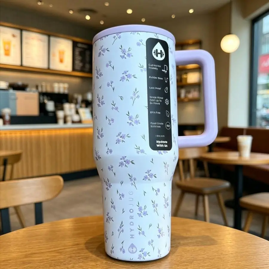 HydroJug Traveler 40oz Insulated Vacuum Flask Thermal Tumbler - Purple Floral Print, Leakproof, Cup Holder Friendly, Stainless Steel Water Bottle with Handle & Straw, Portable Kitchenware Drinkware for Camping, Gym, Ideal Birthday Gift for Traveling, Flas