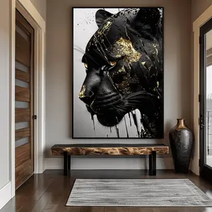 Striking Black Panther Abstract Wall Art - A Mesmerizing Blend of Black and Gold. This Captivating Panther Painting, a Large - Scale Masterpiece, is Ideal for Your Space - Unframed