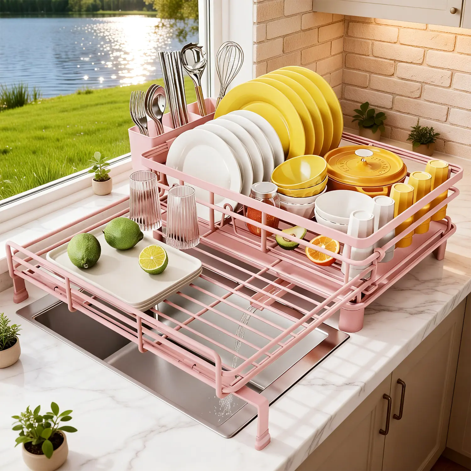 Stainless Steel Extendable Small Dish Drying Rack with Utensil Holder - Kitchen Organizer for Large Sinks & Counters, Efficient Drying Kitchen Accessory, Kitchen Accessories