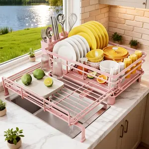 Extendable Small Dish Drying Rack for Large Sink & Kitchen Counter, Stainless Steel Dish Drainer with Utensil Holder