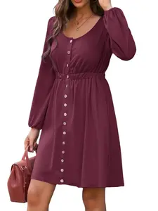 BTFBM Women's Spring&Fall Dresses - Long Sleeve Button Down Solid Mini Dress with High Waist and Crew Neck - Womenswear#Clearance