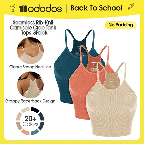 ODODOS Women's Crop 3-Pack Seamless（No Padding) Rib-Knit Camisole Long Crop Tank Tops summerwins,back to school,back to school shopping