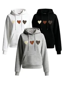 Women's clothing Heart & Patchwork Print Pullover, Casual Wear with Drawstring Hood & Relaxed Fit, Machine Washable, Waffle Fabric Women's Fashion Hoodie,Sweatshirt for Women,Summer Outfits for Women