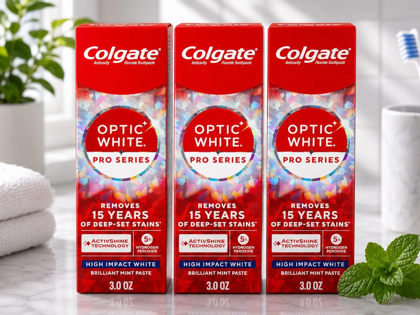 Colgate Optic White Pro Series High Impact White, 3 Pack, Teeth Whitening Toothpaste with 5% Hydrogen Peroxide and ActivShine, Brilliant Mint Flavor, 3.0 OZ