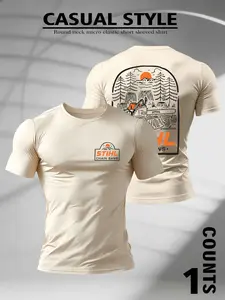 Men's round neck slightly elastic, short sleeved T-shirt, STIHL chainsaw and forest logging pattern printed clothing, suitable for camping and daily commuting, contrasting printing for horticulturists, outdoor enthusiasts, Casual Streetwear