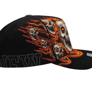 N-Y Black Hats with Orange Skull Design and Flame Pattern -Y Brand Black Caps