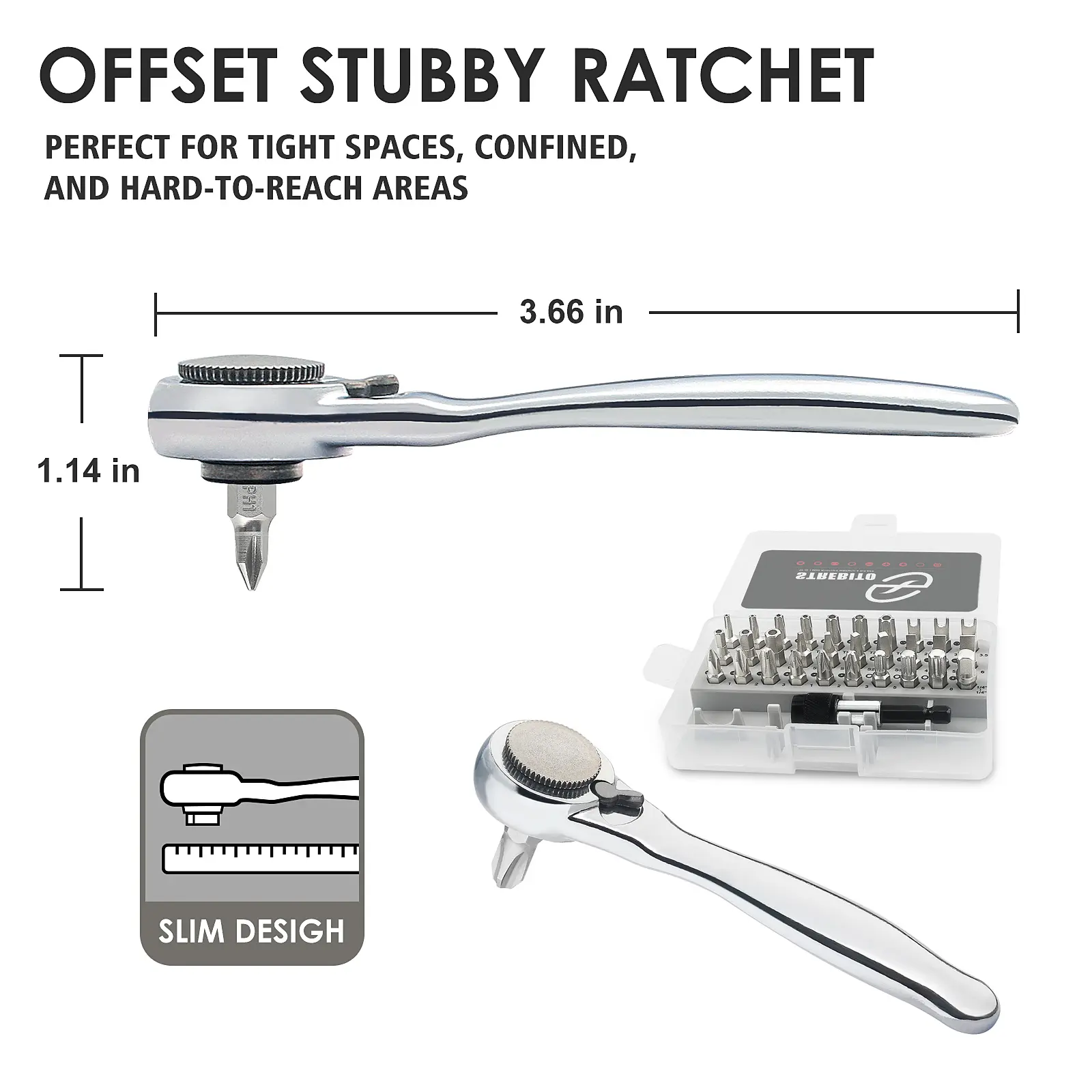 STREBITO Right Angle Screwdriver 32-Piece 1/4 Inch Mini Ratchet Set Low Profile Offset Bit Set with 72-Tooth Ratcheting Wrench Stubby Ratchet 90 Degree Screwdriver for Small Spaces