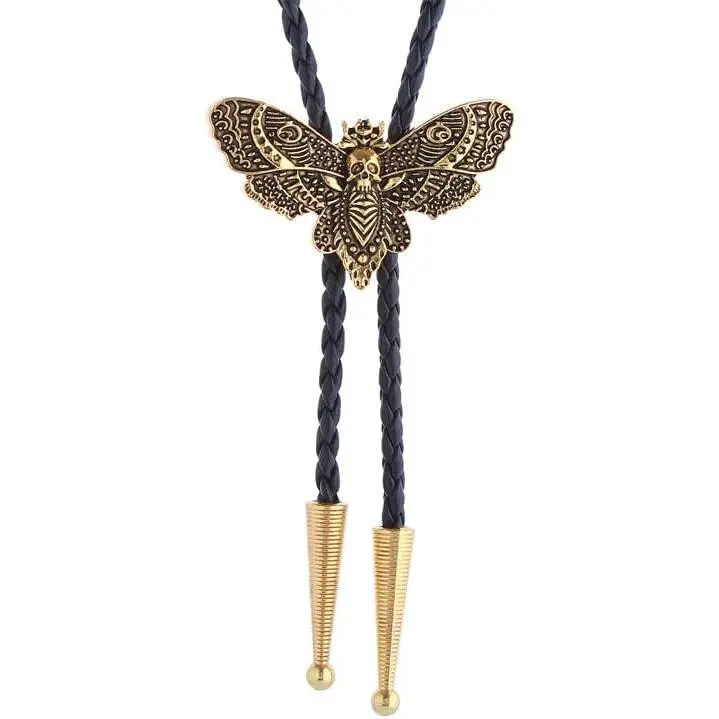 Western Cowboy Bolo Tie for Men Women, Gothic Skull Moth Figure Pendant with Braided Leather Cord, Southwestern Jewelry for Anniversary, Christmas, Engagement Gift, Mother's Day