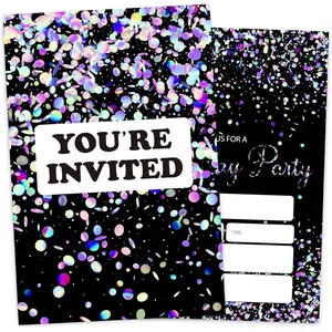 Simple Birthday Invitation Card for Boys Girls, Black Glitter Birthday Party Invites, 30 Cards & 30 Envelopes, 4x6 Inches, Double-Sided