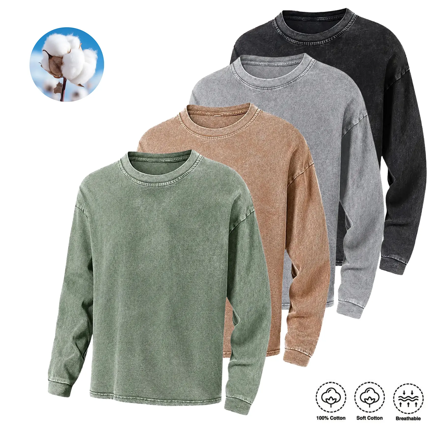 Men’s -Wash Distressed Cotton Long Sleeve Crewneck Sweatshirt, Athletic Crewneck Long Sleeve Tee, Back to School Outfit Washed T-Shirts tshirts unisex gym vintage Acid   Oversized wrinkle-resistant fabric