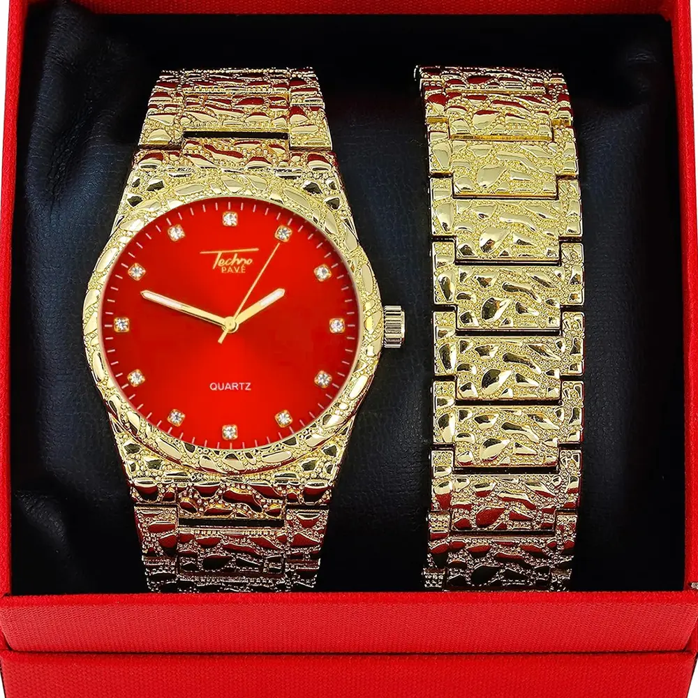 MaxBling81 Men's Gold Plated Watch - Hip-Hop Luxury Quartz Watch, Round Face, Red Dial, Quartz Analog Movement, Shiny Metal Bracelet, Water-Safe, Ideal Gift, Luxury Quartz Watches