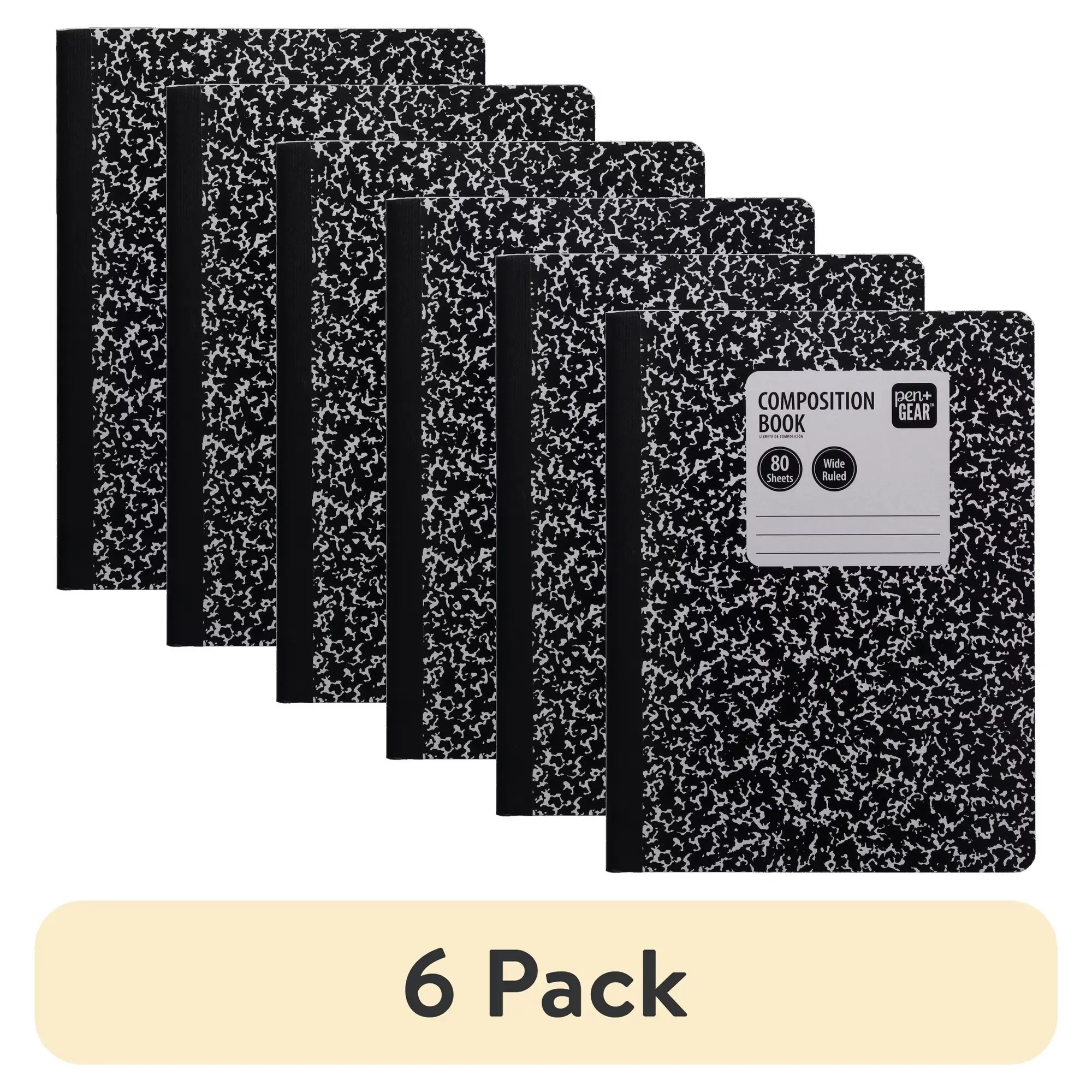 (6 pack) Composition Book, Wide Ruled, 7.5"x 9.75", Paper Cover, 80 Sheets