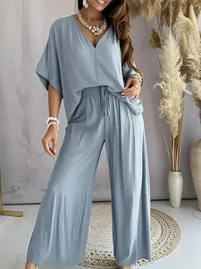 Women's V-Neck Bat Sleeve Solid Color Top & Drawstring Casual Style Wide Leg Pants Set Outfit Batwing T-Shirts for Daliy Commute Home 2 Pieces Sets