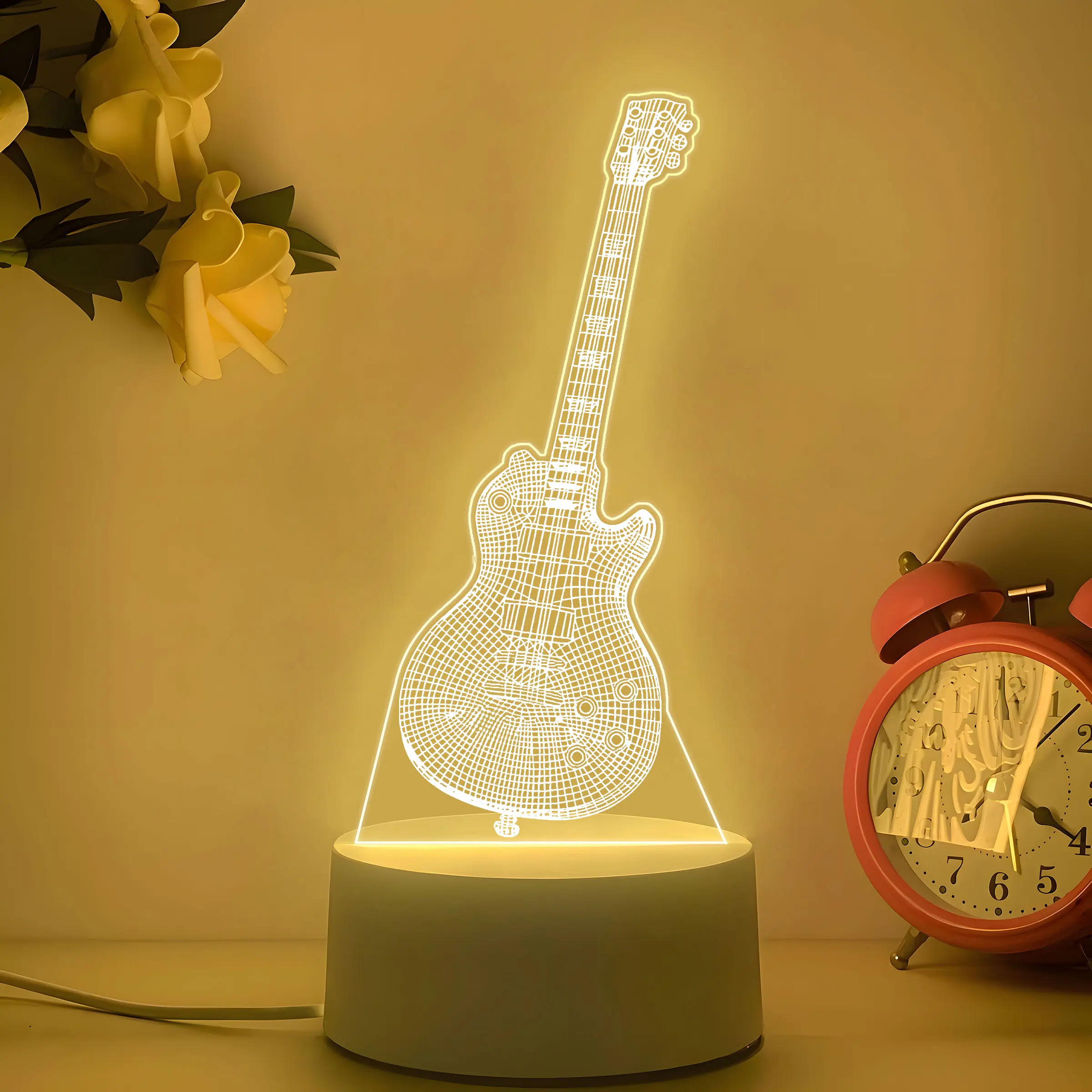 1pc Illusion 3D Guitar Night Light, USB Powered Single Color Warm Light No Switch, Creative Desk Bedroom Atmosphere Lamp, Room Decor Gift