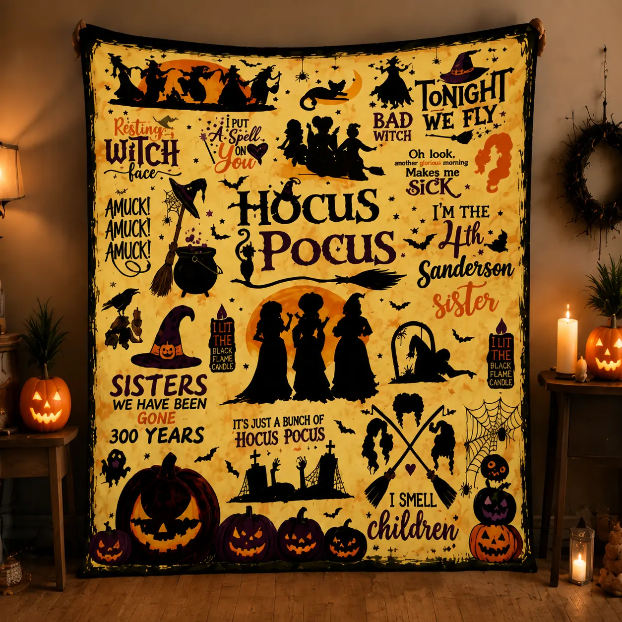 Halloween Witch Blanket, Retro “Mean Girls” Magic Witch Throw, Soft Flannel Fleece Comfortable Blanket, Suitable for Bed and Sofa, Spooky Autumn Home Decor Gift