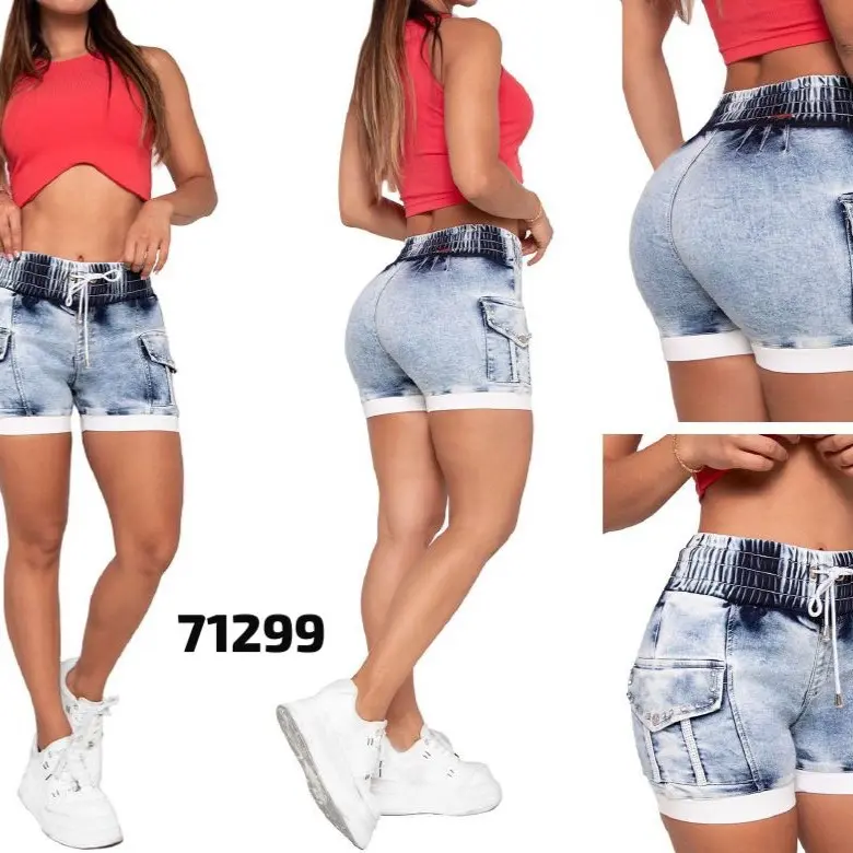 Lady's Elegant Colombian Push-Up Rhinestone Denim Cargo Shorts, Dressy Style with Belt Compatibility, Versatile for Pairing with Tops