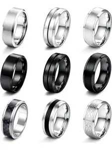 Cool 9 Pcs Silvery Black Stylish Thumb Rings Dainty Stacking Rings Stainless Steel Rings for Women Men Matte Finish Polished Bands Rings Bottle Opener Rings Wedding Bands Engagement Promise Rings Vintage Rings