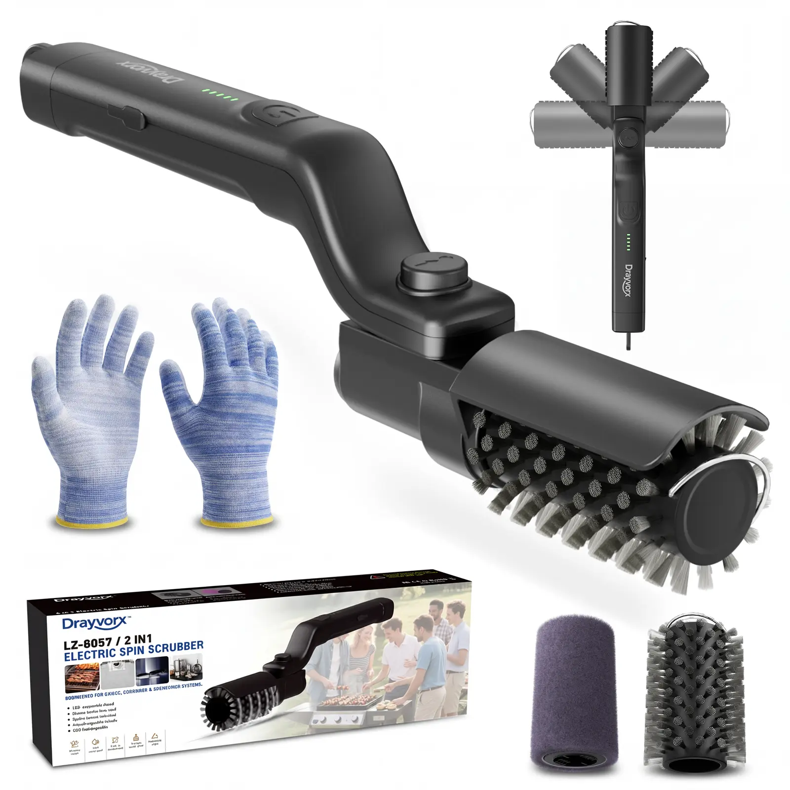 Drayvorx Electric Grill Brush for Outdoor, 2026 TikTok BBQ Grill Cleaner with 2 Heads, 3-Speed & Angle Adjust Cordless Rotary Grill Brush, 150Mins Runtime Grill Cleaning Brush for Barbecue Grates,summerwins,safe bristle fathersdaygift