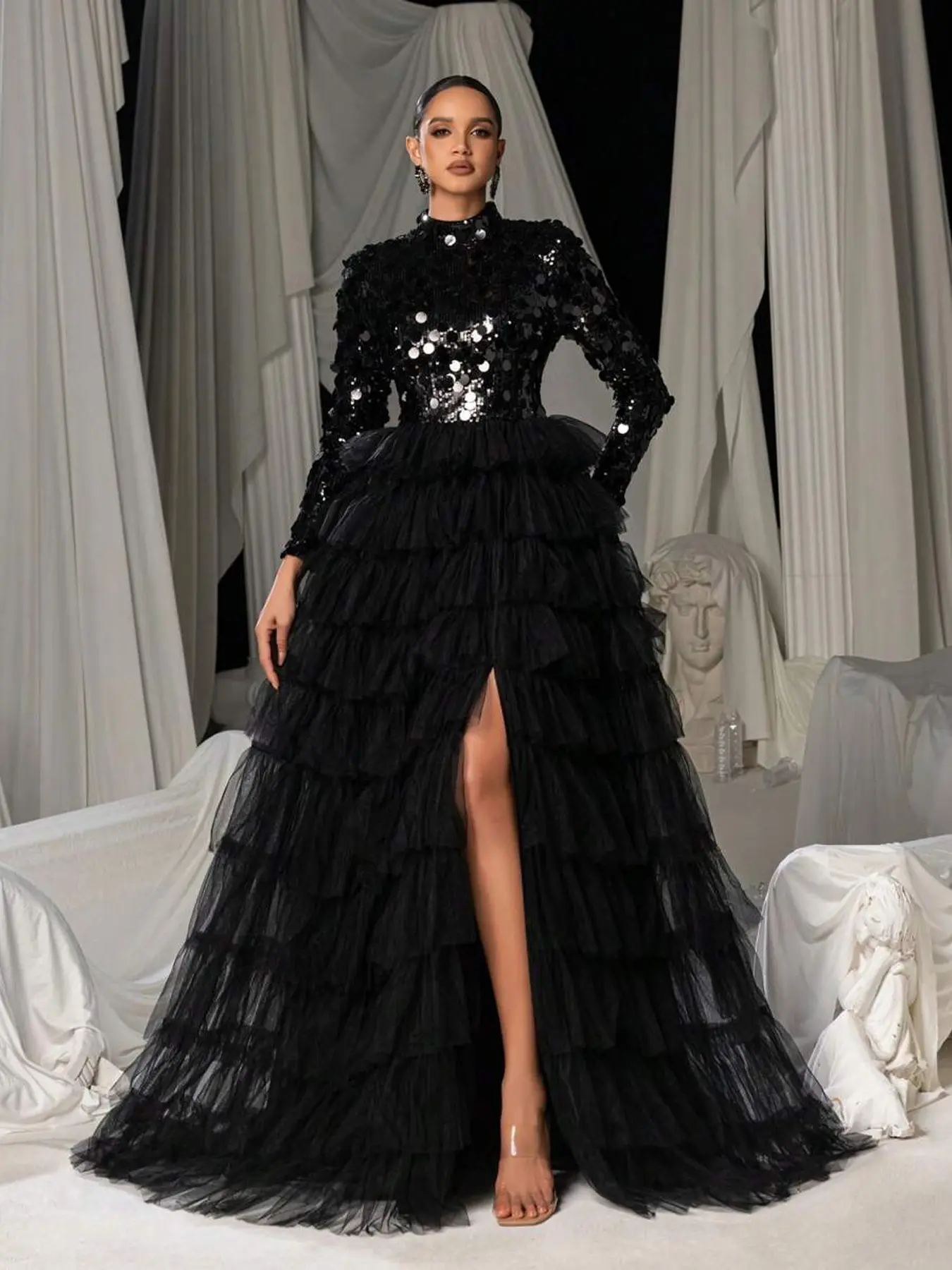 Elegant Long Sleeve Contrast Sequin Bodysuit, Round Neck Mesh Hem Wedding Dress, Formal Evening Gown for Graduation & Banquets