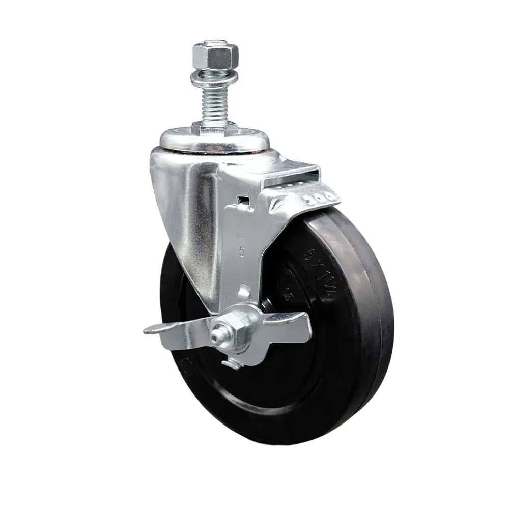 Service Caster SCC-TS20S514-SRS-TLB-M1215 Soft Rubber Swivel Caster with 12 mm Metric Threaded Stem, 5x1.25 in Black Wheel, Top Locking Swivel Brake, 275 lbs Capacity, Quiet Movement for Material Handling Carts, Equipment, Casters