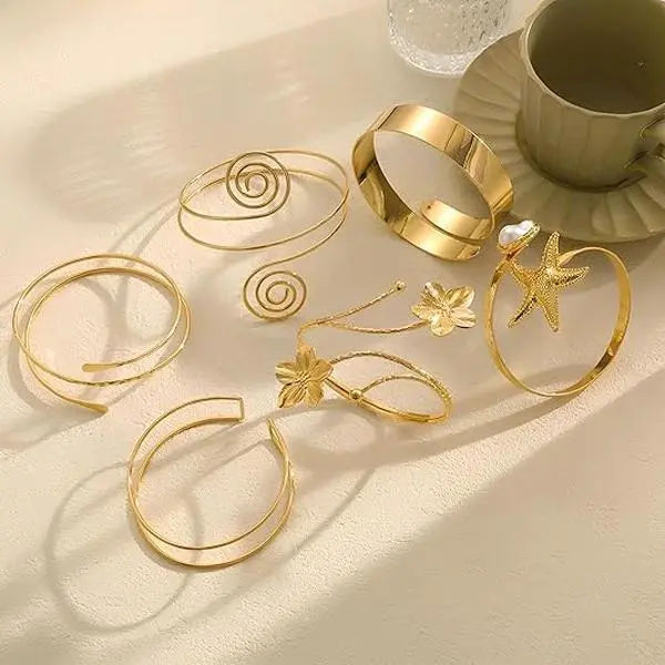 Pack Of 6 Jewelry Simple Arm Cuff, Arm Band, Cuff Bracelet, Ladies Adjustable Armband Set Metal Armband Set Female European And Leaf Snake Geometric Spiral Bracelet Adjustable