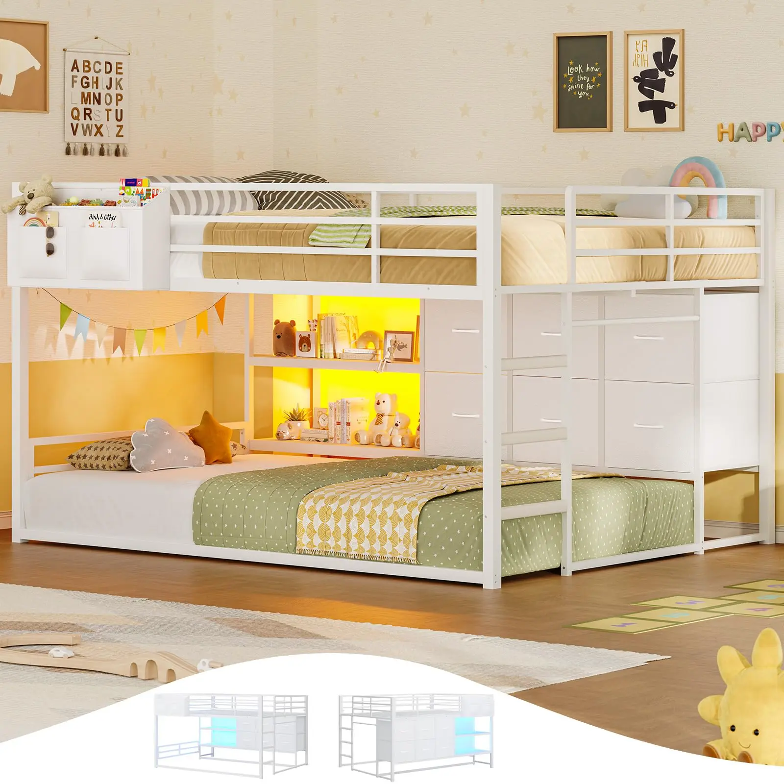 Full Over Twin Bunk Bed with 6 Drawers & Shelves, Metal Frame Loft Bed with LED Lights, Convertible Storage Bunk Bed with Safety Guardrails & Non-Slip Ladder, 2-Way Installation, Space Saving, White
