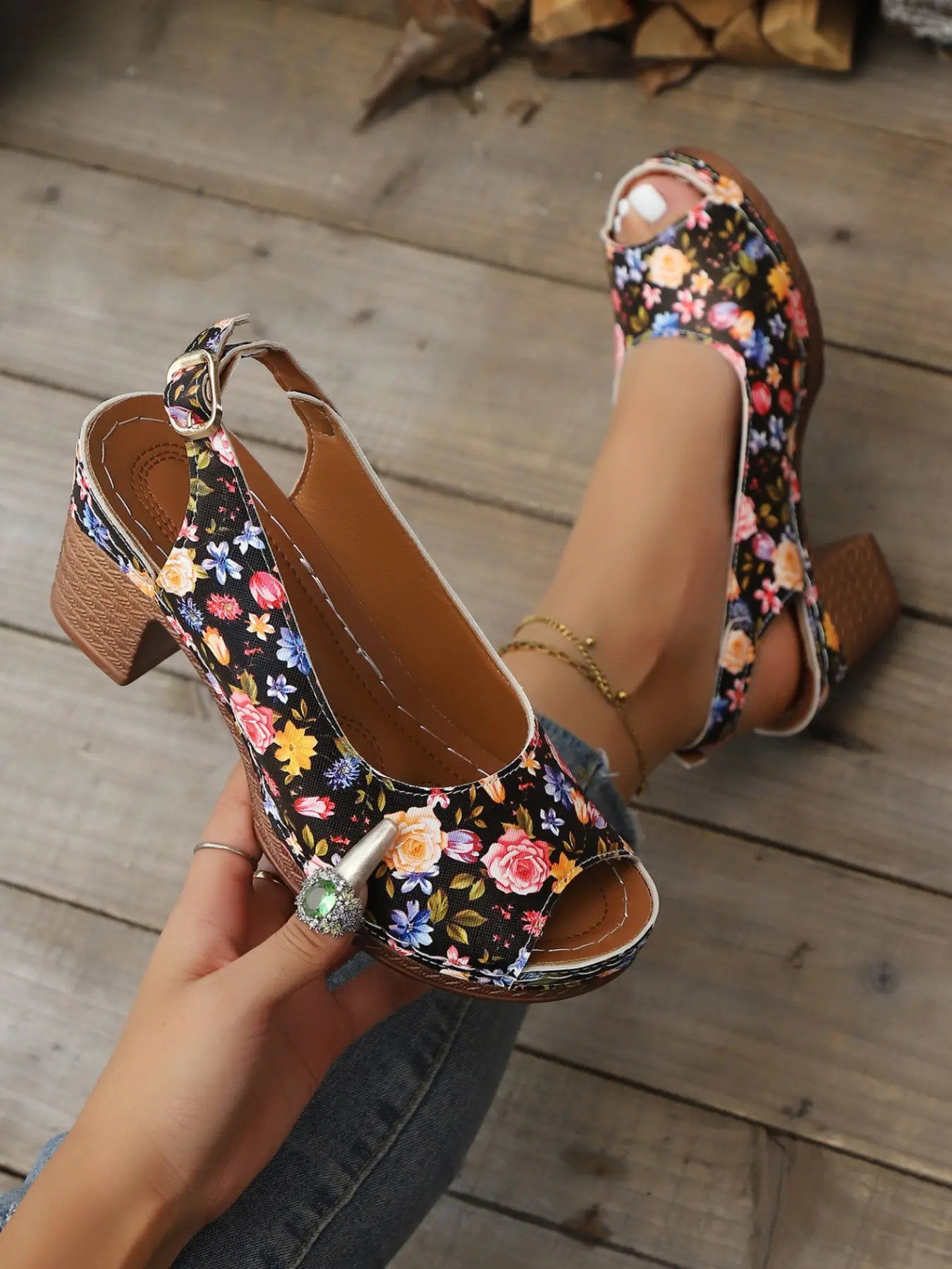 Vintage Floral Chunky Heel Sandals, One Strap Buckle Open Toe High Heels, Casual Garden Style Women's Shoes, Perfect for Vacation and Daily Wear, Rubber, Flower, Footwear, Flower Print Sandals, Casual Summer Footwear, Floral Pattern Sandals