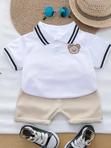 Baby Summer Cartoon Bear Head Embroidered Polo Shirt Shorts Set, Cute Toddler, Comfortable Cotton Material, Perfect for Playtime