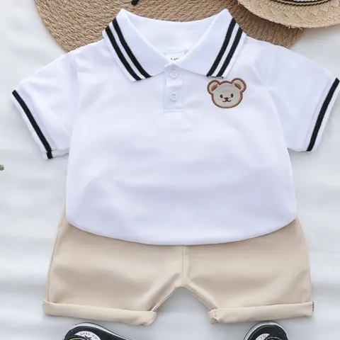 Baby Summer Cartoon Bear Head Embroidered Polo Shirt Shorts Set, Outfit, Clothes, Baby Clothing, Cute Toddler, Comfortable Material, Perfect for Playtime