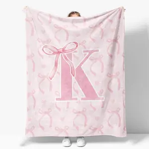 Monogram Initial Pink Bow & Ribbon Throw Blanket - Name/Initials, Flannel Bedspread, Gift for Women Girls (Birthday/Christmas) - Cozy Pink Bow Accent Bed Cover