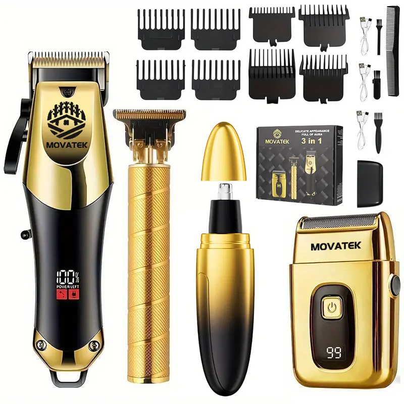 4/3pcs Men's Hair Clipper Grooming Set, Electric Home Hairdresser Set And Nose hair trimmer Electric Shaver, Wireless Trimmer, 0-Gap Hairdresser, USB Charging, LCD Power Display, Fine Trimmer, Beard Styling Tool, Kit  Degrooming,Father's Day Gift