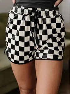 Checkered Drawstring Elastic Waist Casual Shorts, The Checkered Shorts Create a Timeless and Versatile Style, Convenient Drawstring for Adjustable Comfort.