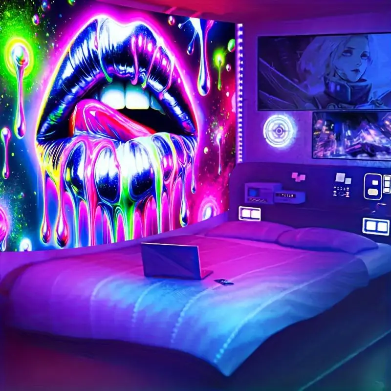 Glow-in-the-Dark Polyester Tapestry - 59x79in UV-Reactive Neon Sexy Lips Hanging Home Bedroom Decor, Easy-Hang Bedroom Items for Living Room Decor, Game Room