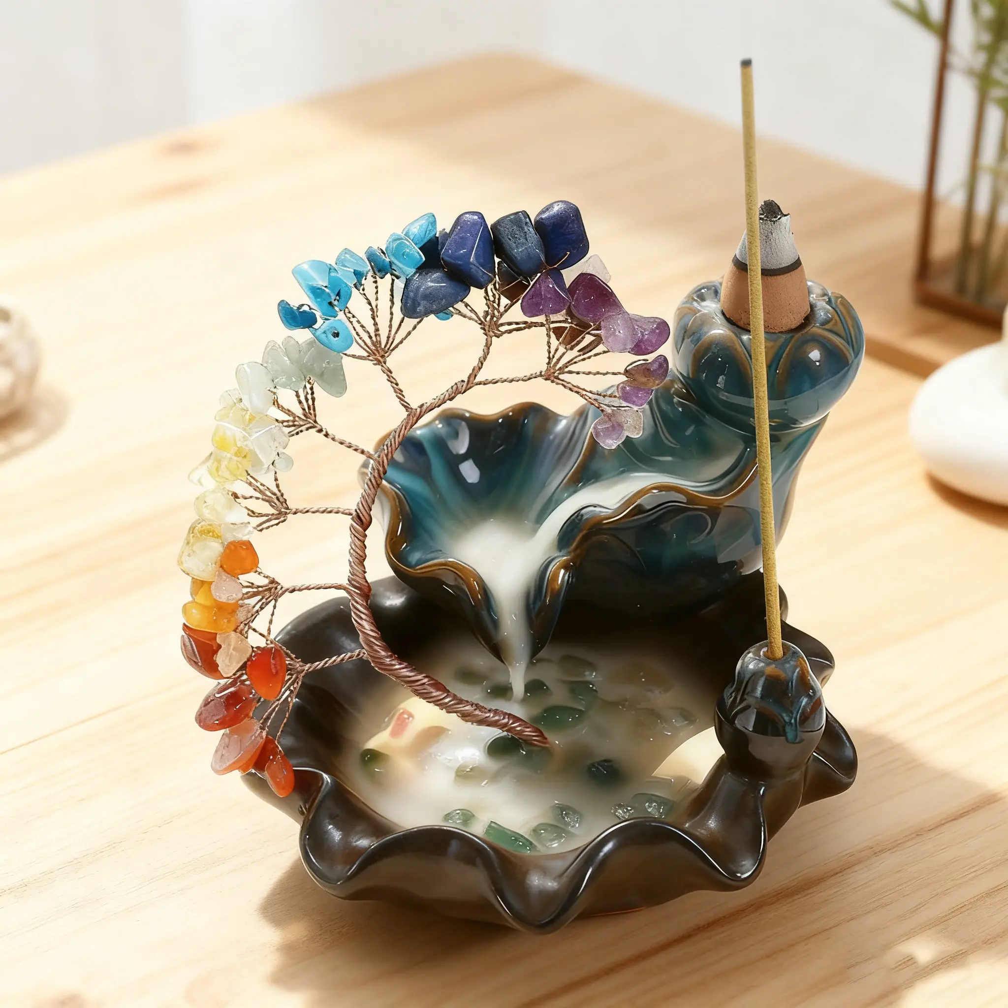 7-Chakra Gemstone Ornament & Incense Holder, Ceramic Backflow Waterfall Burner with Phoenix Tail Lucky Tree, Zen House Decor for Meditation, Selfcare Gift homedecor, Lotus, Unique Decor, Ornamental, Peace, Room, Fountain