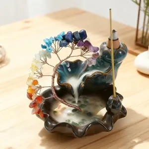 Natural Crystal 7-Chakra Gravel, Incense Holder for Sticks, Ceramic Backflow Cones, Phoenix Tail Lucky Tree Design, Healing Gemstone Ornament for Meditation Yoga Spa Room Decor, Home Decor