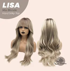 JBEXTENSION 26 Inches Scalpiana Long Curly Mix Blonde 3.5X4 Hard Silky Top Natural Scalp Effect Wig with Bangs LISA