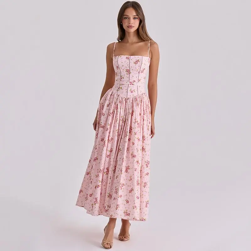 Floral Print Corset Bodice Cami Maxi Dress for Women's 2026 Summer New Spaghetti Strap A Line Flowy Casual Elegant Dating Bridesmaid Party Dating Club Dresses