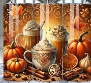 Fall-Inspired Latte Tumbler with Lid Featuring Pumpkins and Cinnamon Design Perfect for Autumn Drinks and Seasonal Use