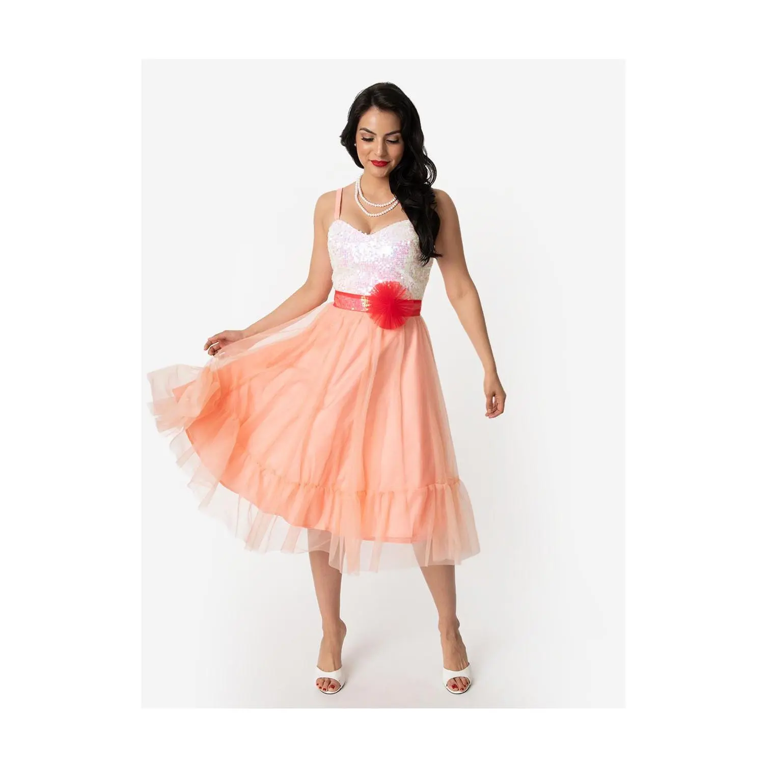 Barbie x Unique Vintage Peaches & Cream ChiffonDress
