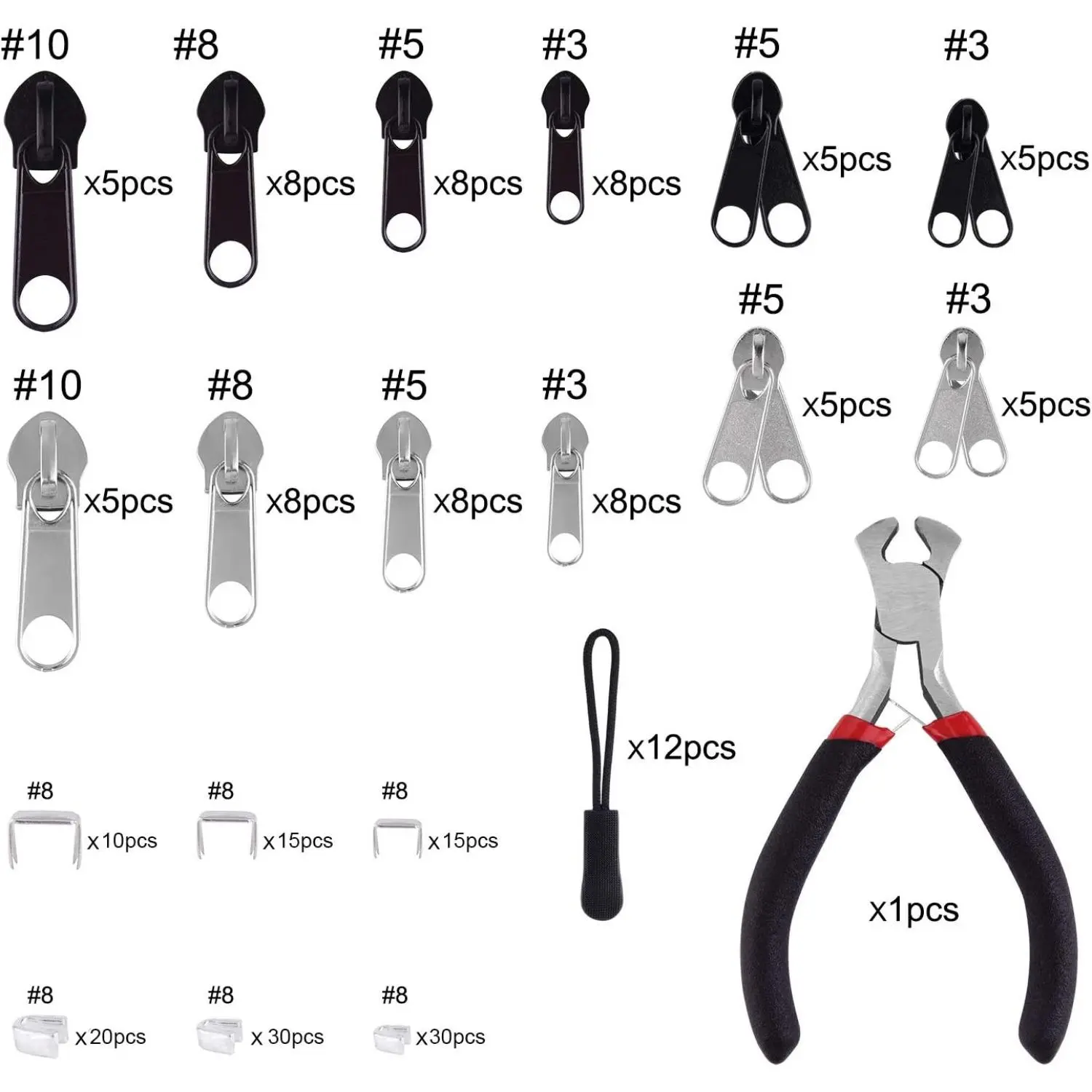 MIAHART 211-Pcs Double Zipper Repair Kit with Plier, Durable Silver & Black Metal Stoppers & Pullers for DIY Bags, Luggage - Home Supplies Gift for Hanging Decor