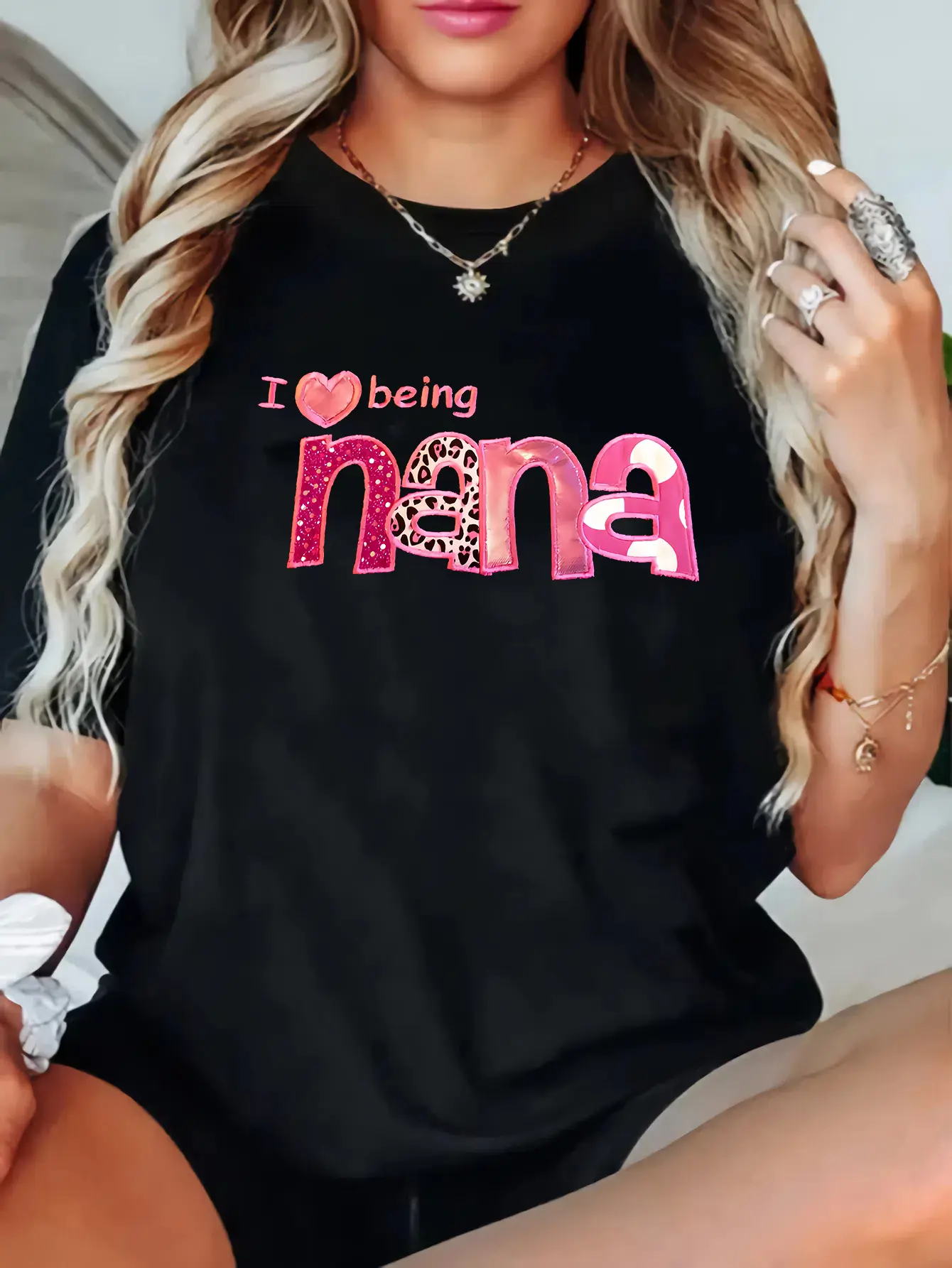 [Casual T-Shirt] Plus Size Casual Women's T-Shirt |   Short Sleeve Round Neck, Slightly Stretchy, Nana Print