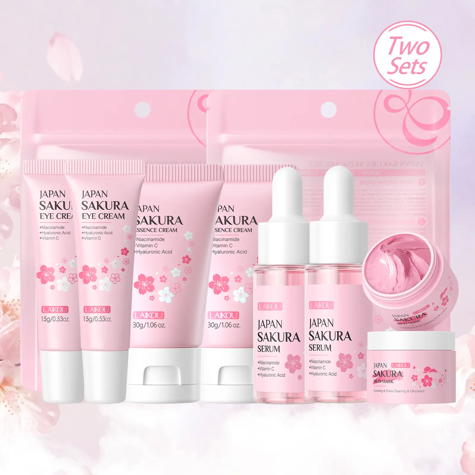 Laikou Japan Sakura Skincare Set,Essence Serum 17ml,Eye Cream 15g,Essence Cream 30g,Mud Mask 25g, Complete Kit, Skin Care Sets, Mud Masque Skin Care Kits, Combo Set Skin Care Kits