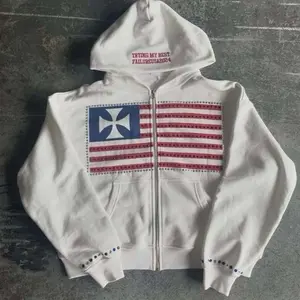 Vintage Gothic Streetwear Zip Hoodie Jacket – American Flag Cross Design
